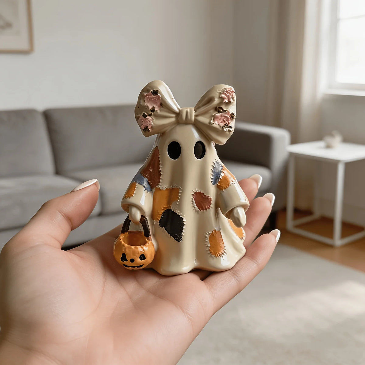 Halloween Ghost Resin Ornament – Pumpkin Candy Bucket & Pink Bow Halloween Resin Ornament Babs Creamy White