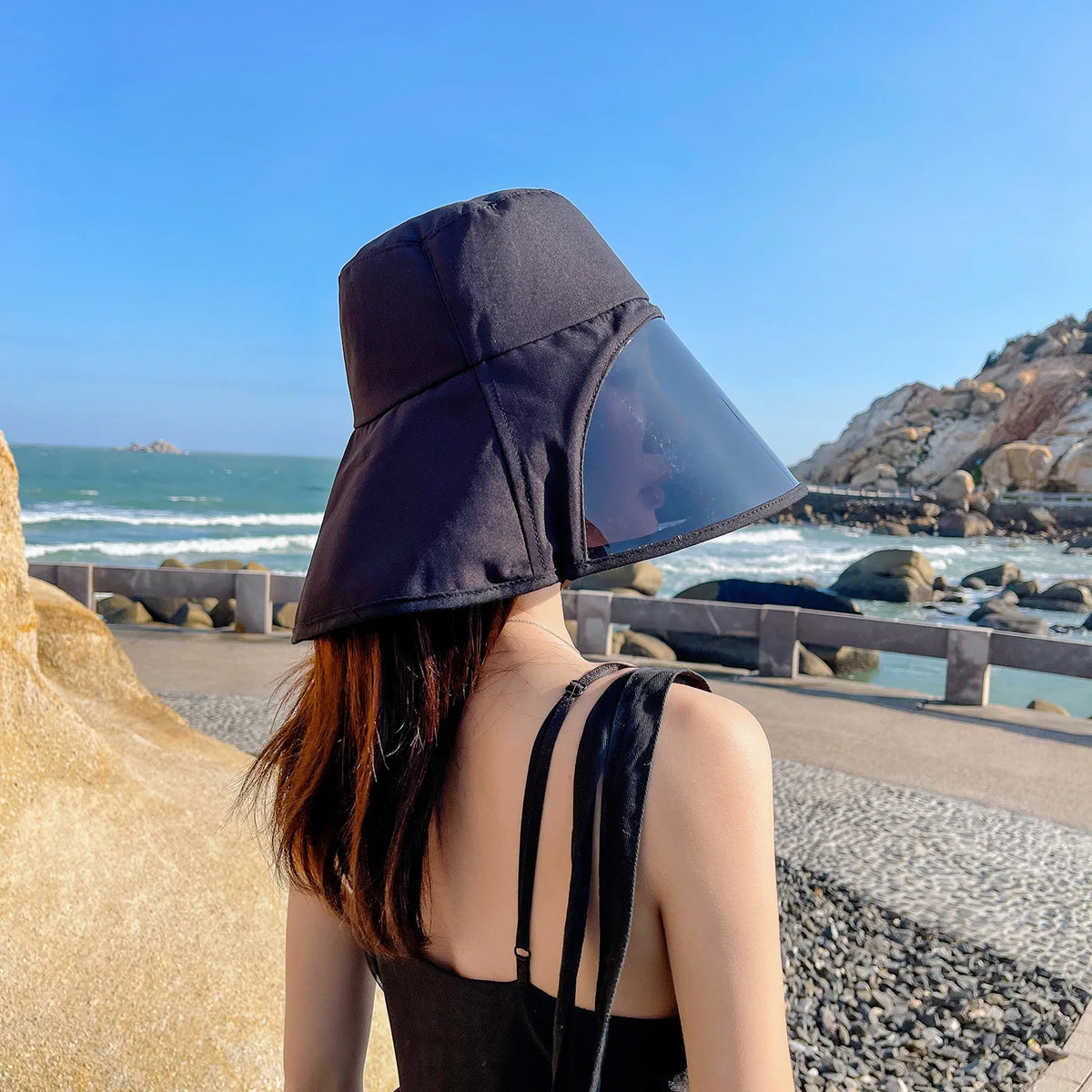 Women's Wide Brim Bucket Hat UPF 50+ Full Face Shield UV Cover Wide Brim Sun Hat Babs Black 5PCS