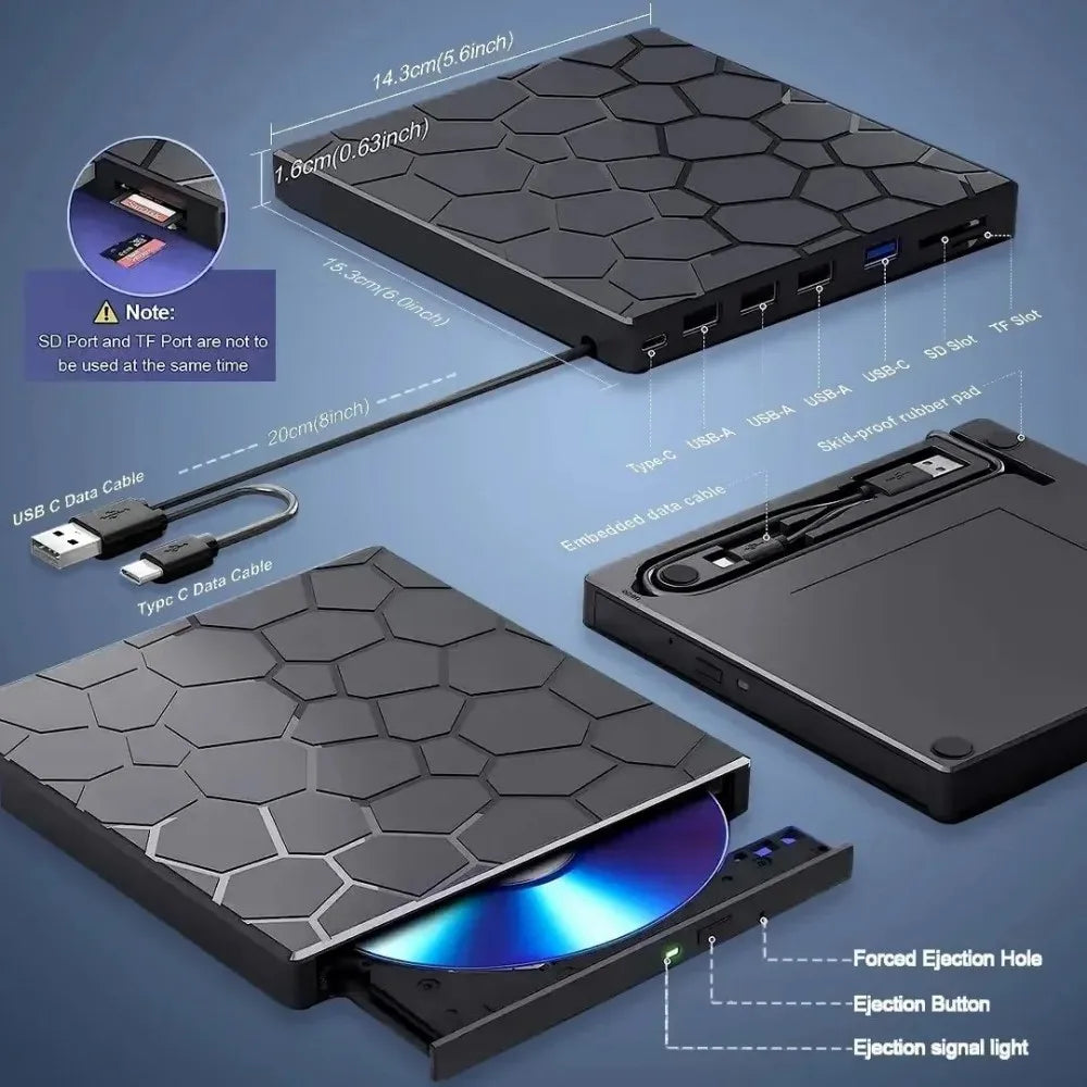 KEBIDUMEI 8-in-1 USB 3.0 External DVD CD Burner & Card Reader External Optical Drive Babs