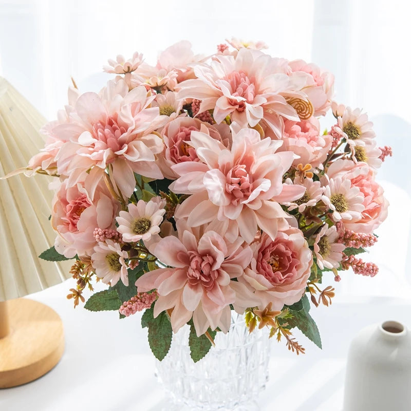 Silk Artificial Dahlia Rose Daisy Bouquet – Wedding & Home Decor Artificial Silk Flowers Babs