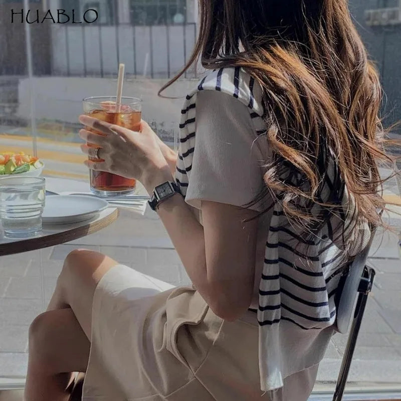 Korean Striped Knit Shawl Cape Scarf – Fake Collar, Unisex Knit Shawl Cape Babs