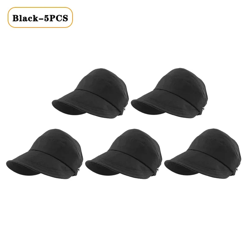 Foldable Wide Brim Ponytail Sun Hat – Adjustable Beach Cap Wide Brim Sun Hat Babs Black-5PCS 55-58cm