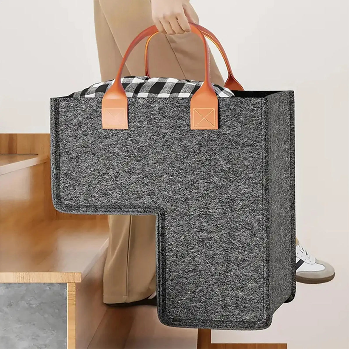 Felt L-Shape Stair Basket with PU Handles | Dark Gray Stair Storage Basket Babs