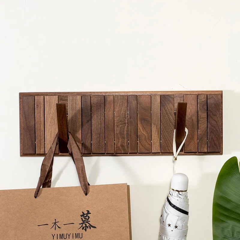Nordic Walnut Wall Coat Rack – 8 Fold-Out Piano Key Hooks Wall Coat Rack Babs