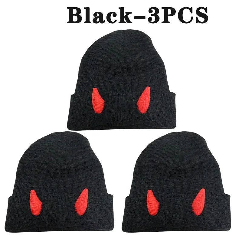 Devil Horn Knit Beanie Hat – Funny Costume Cap for Teens & Adults Novelty Knit Beanie Babs Black-3PCS