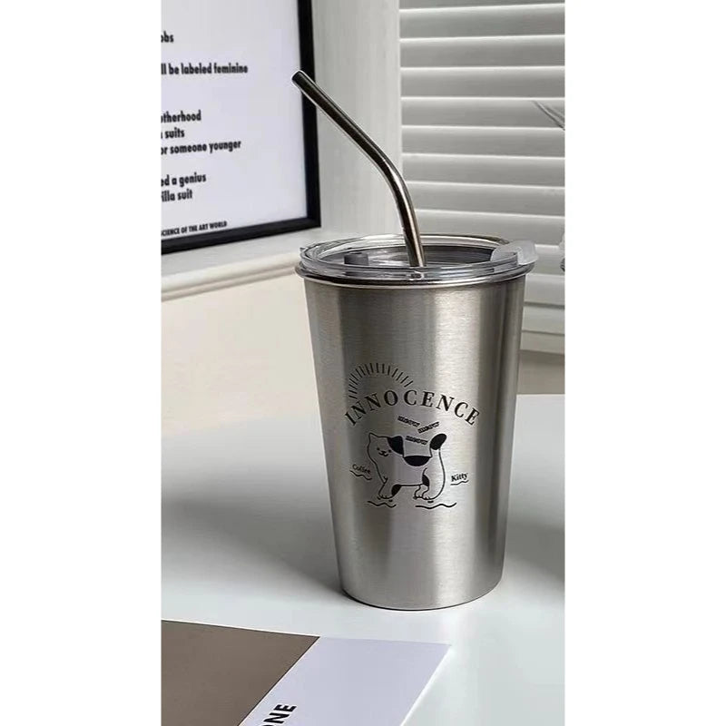 Large Stainless Steel Straw Cup with Lid – Hot & Cold Drinks Stainless Steel Tumbler Babs cat