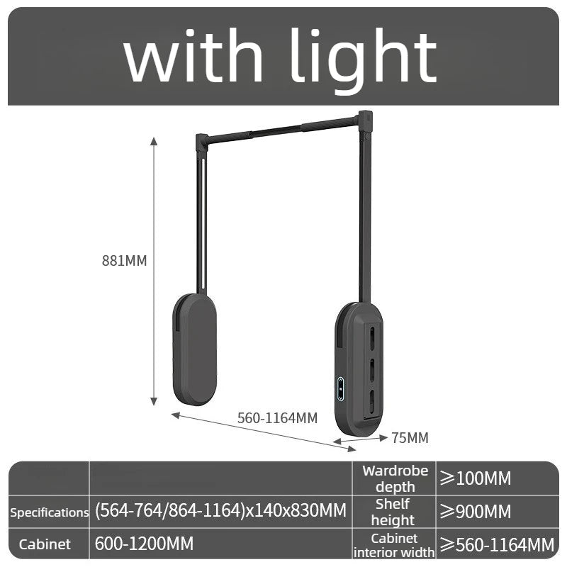 Electric Lifting Clothes Rack – Telescopic Wardrobe Closet Organizer Electric Clothes Rack Babs Gray-with Light