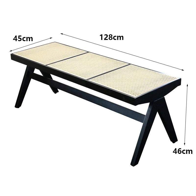 Vintage Solid Wood Woven Bench Ottoman | Modern Living Room Wooden Bench Ottoman Babs Black