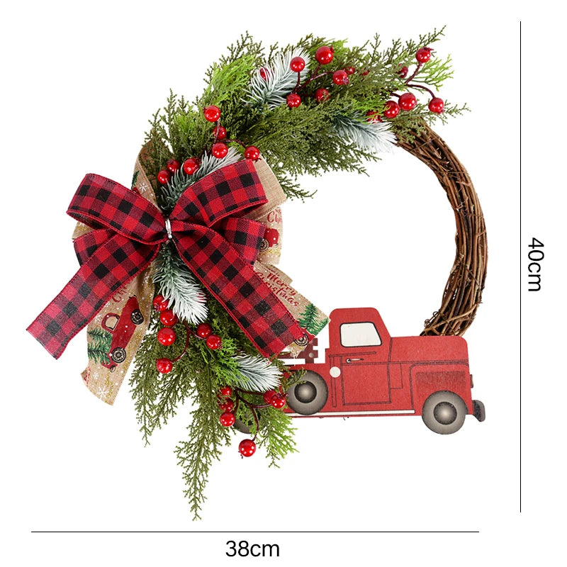 38CM Christmas Door Wreath – Red Berry & Wooden Car Ornament Christmas Door Wreath Babs A