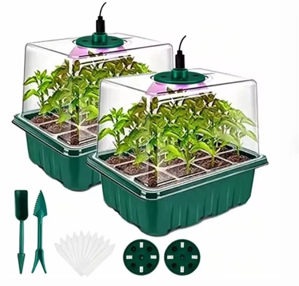 Seed Starter Tray with Grow Light & Humidity Dome – 2-Kit Set Seed Starter Kit Babs green