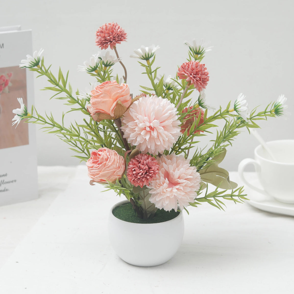 Silk Artificial Potted Flowers – Rose Daisy Dandelion Bonsai Artificial Potted Flowers Babs Champagne