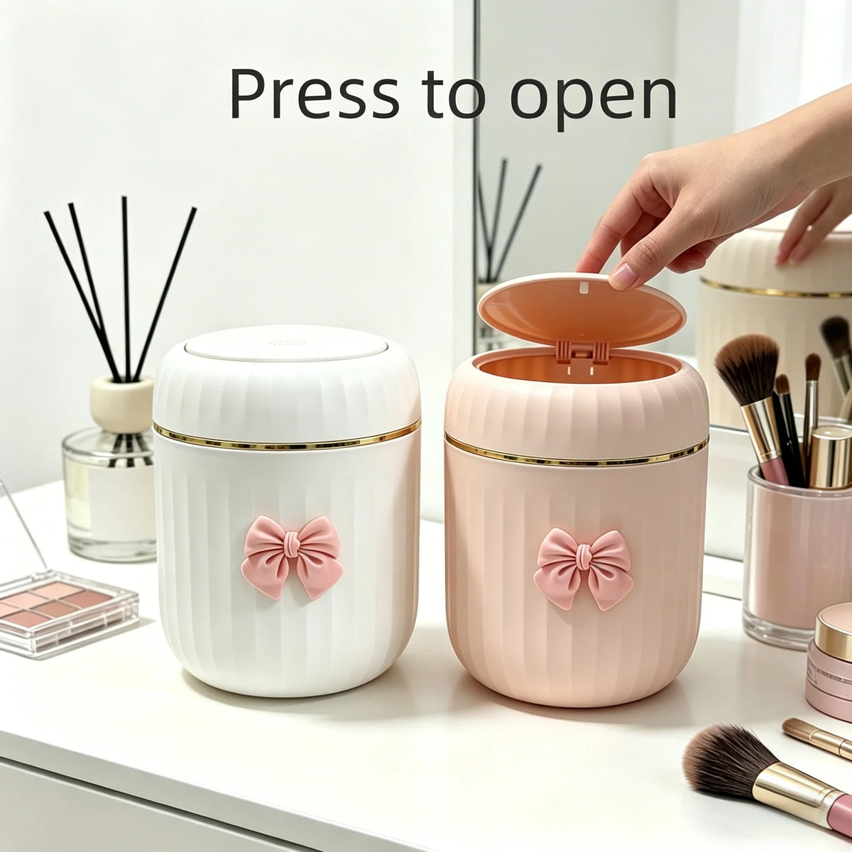 Mini Press-Open Desktop Trash Can with Lid & Bow Decor Desktop Trash Can Babs