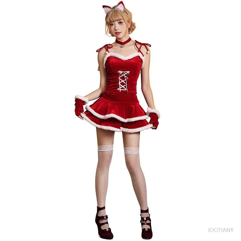 Women's Christmas Velvet Costume – Santa Elf & Storybook Dress Set Holiday Costume Set Babs Gold XL