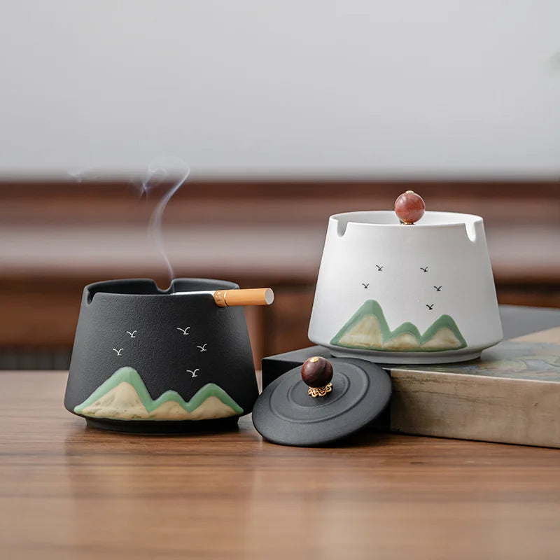 Ceramic Ashtray with Lid – Chinese Style Stoneware Home & Office Decorative Ashtray Babs