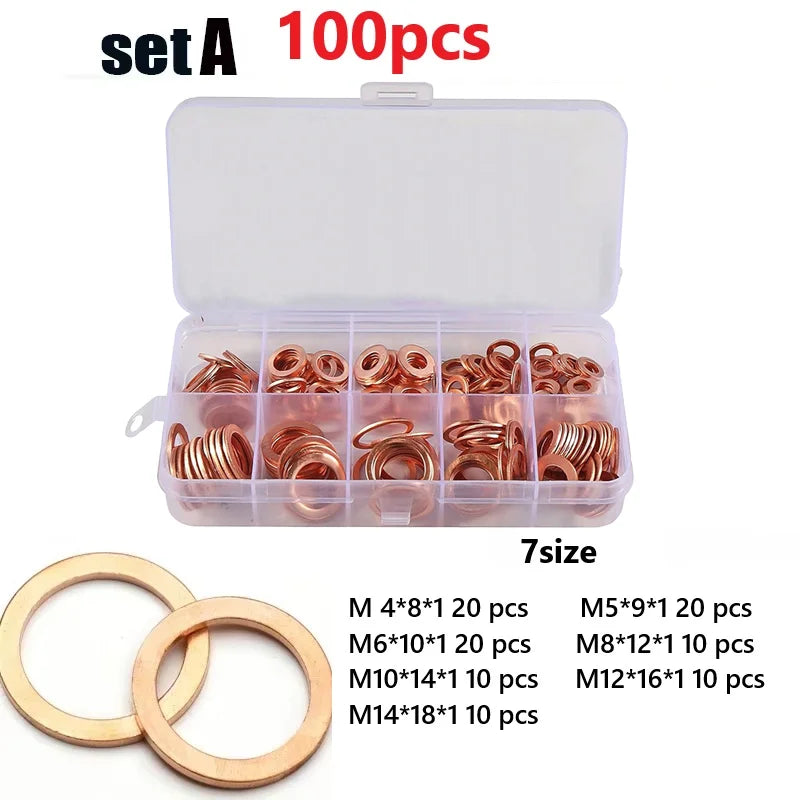 Copper Washer Gasket Set 50/100/120 Pcs Flat Ring Seal Kit Copper Washer Kit Babs 100pcs