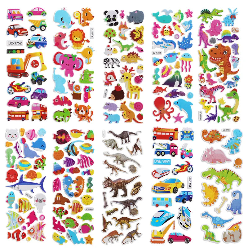 10 Sheets 3D Bubble Stickers Cartoon Animals & Cars Kids Party Kids Craft Stickers Babs