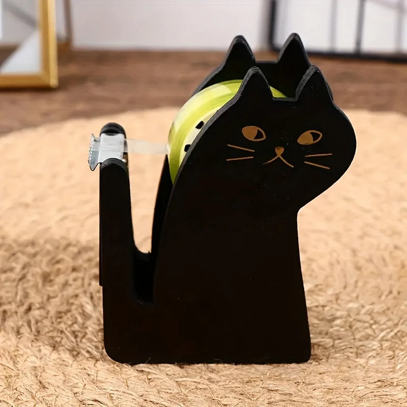 Cat Shaped Tape Dispenser – Wooden Desktop Tape Holder Tape Dispenser Babs black