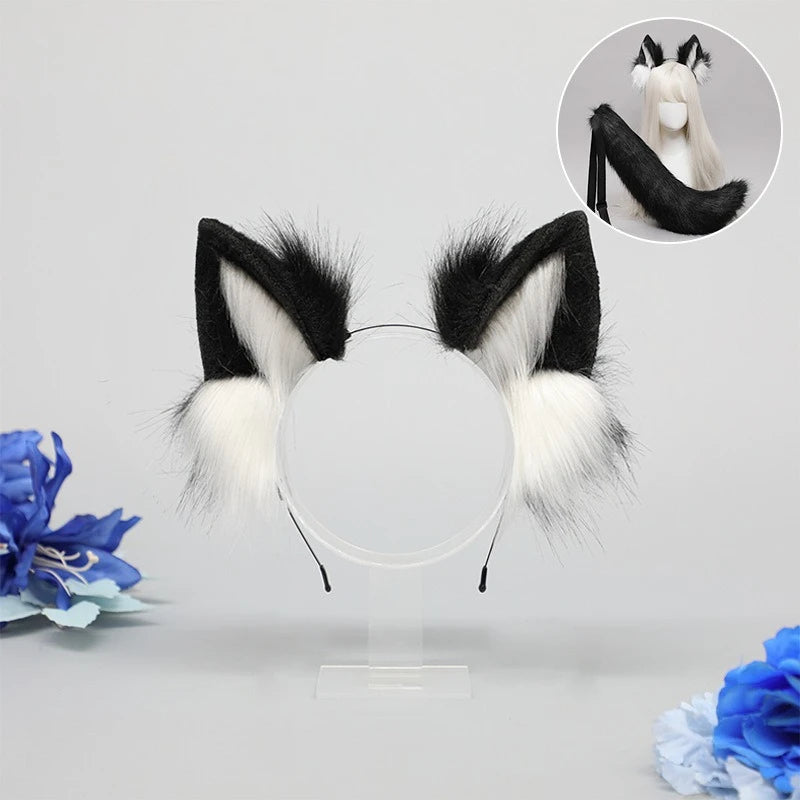 Wolf Ears & Tail Cosplay Set – Faux Fur Costume Headband Cosplay Costume Set Babs Black and white ear