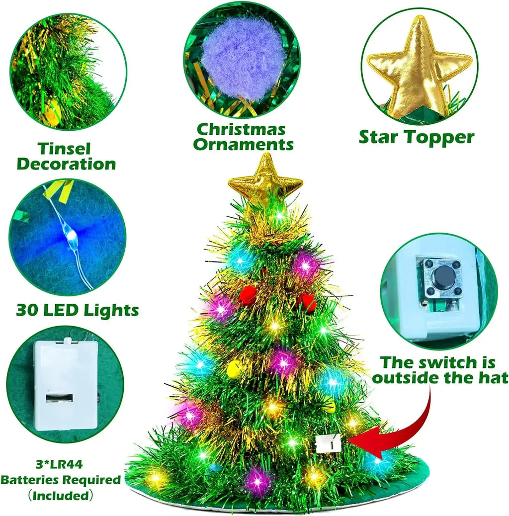 LED Glowing Christmas Tree Hat with Tinsel & Lights LED Christmas Hat Babs