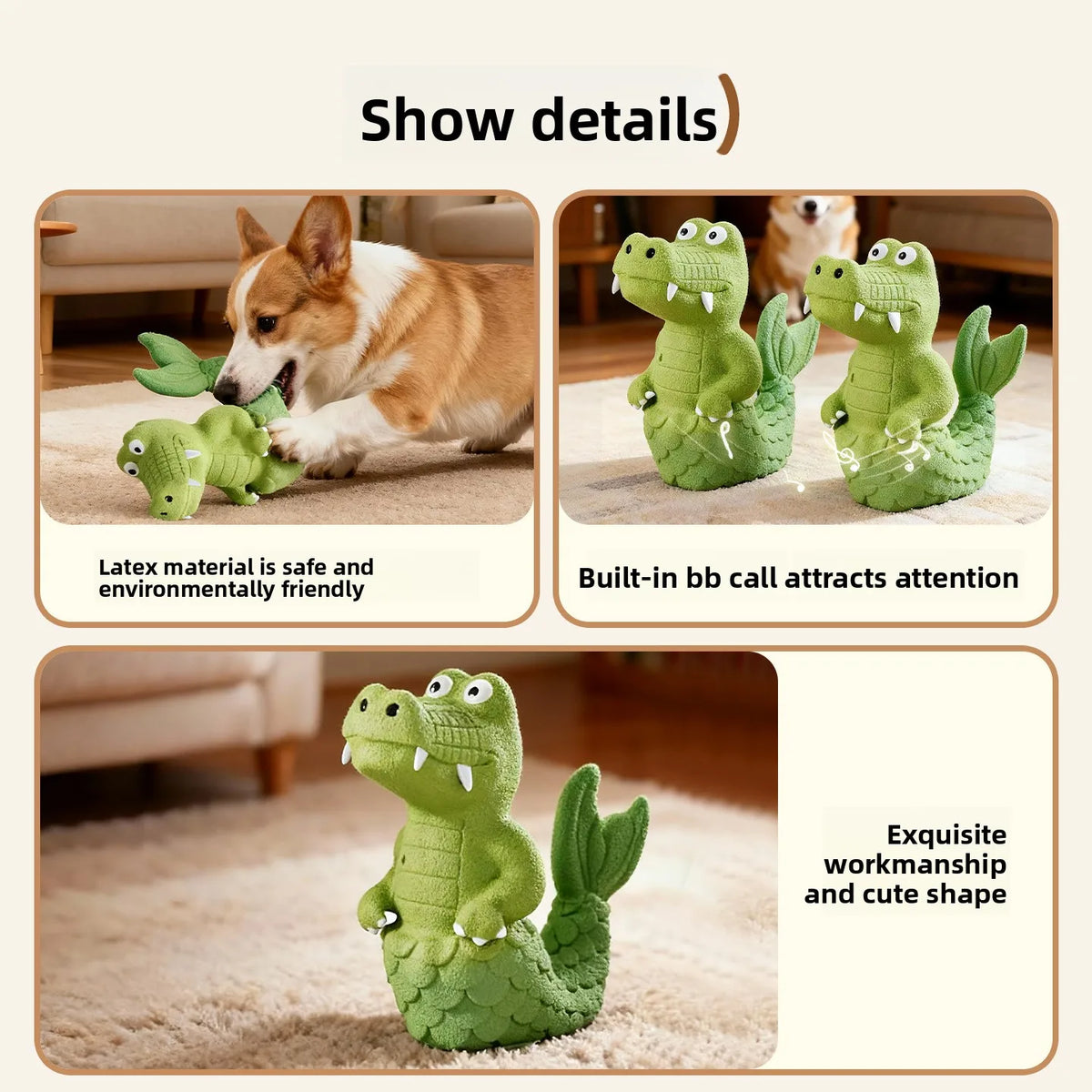 Green Alligator Tail Latex Squeaky Chew Toy for Dogs Dog Chew Toy Babs