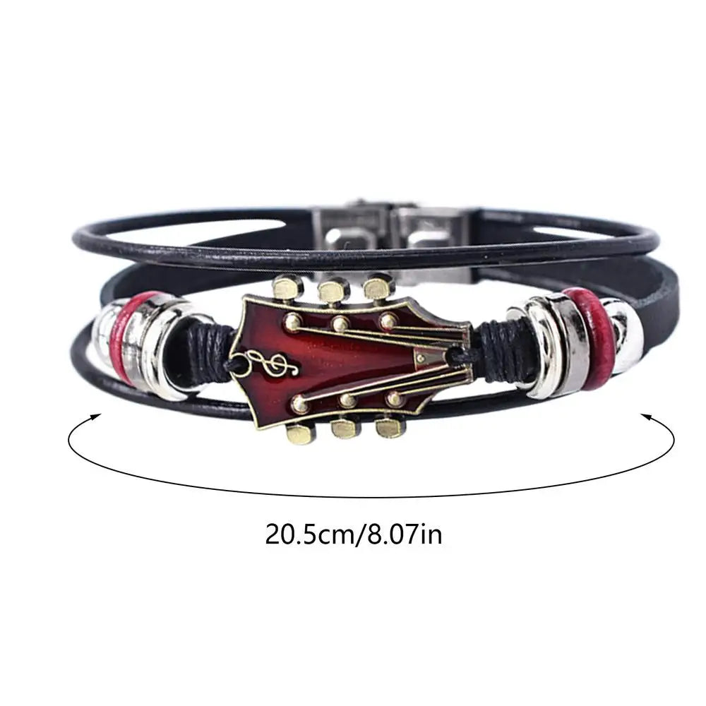 Retro Punk Guitar Charm Bracelet – Braided PU Leather Wrap Charm Wrap Bracelet Babs Red