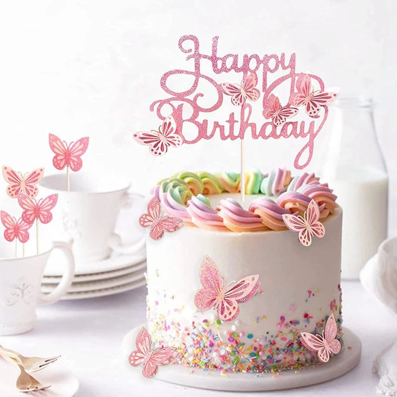 13Pcs Pink Butterfly Birthday Cake Topper Set for Girls Birthday Cake Topper Babs