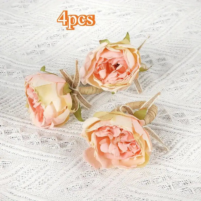 4PCS Pink Peony Napkin Rings – Burlap Twine Wedding Table Decor Napkin Rings Babs 4pcs
