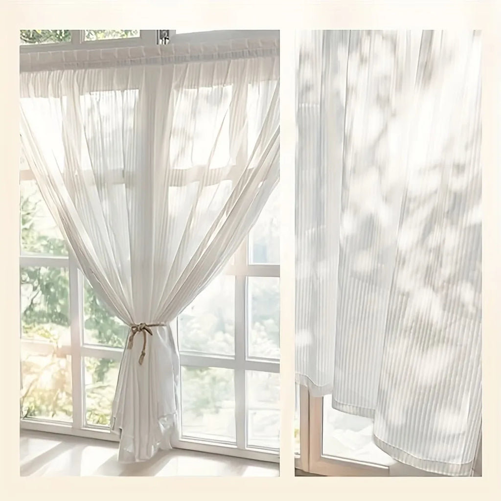 White Louver Sheer Curtain – Velcro No-Drill Bay Window Panel Sheer Window Curtain Babs
