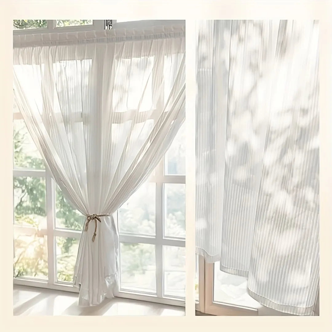 White Louver Sheer Curtain – Velcro No-Drill Bay Window Panel Sheer Window Curtain Babs