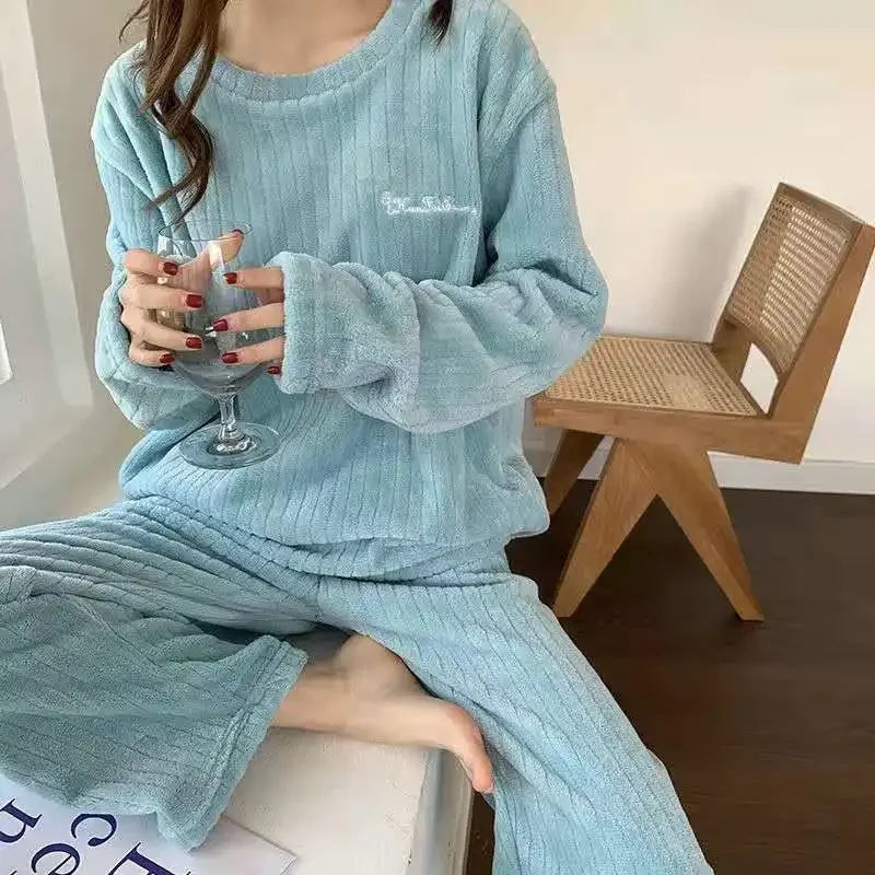 Women's Coral Fleece Flannel Pajama Set – Cozy Winter Loungewear Fleece Pajama Set Babs Blue 1PC One SIze