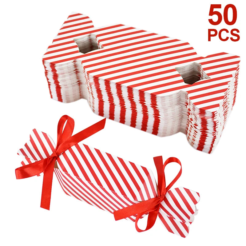 Christmas Red Candy Boxes with Ribbons – 10/50pcs Gift Bags Holiday Gift Box Babs