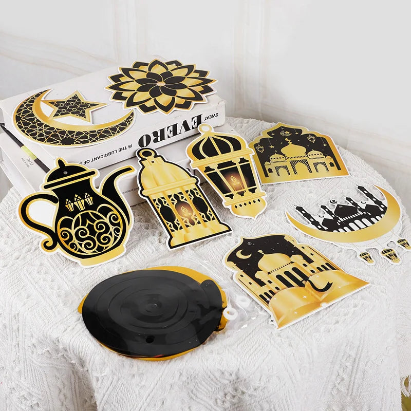 8pcs Eid Mubarak Gold Banner & Spiral Pendants Ramadan Decor Holiday Party Decorations Babs