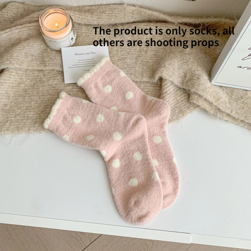 Women's Thick Pink Strawberry Cozy Home Socks – Soft & Warm Casual Cozy Socks Babs Polka dot One Size
