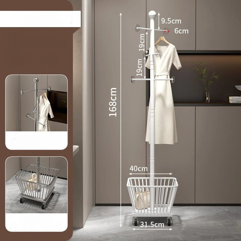 Standing Coat Rack with Basket – Metal Clothes Stand, 3 Hooks Standing Coat Rack Babs White