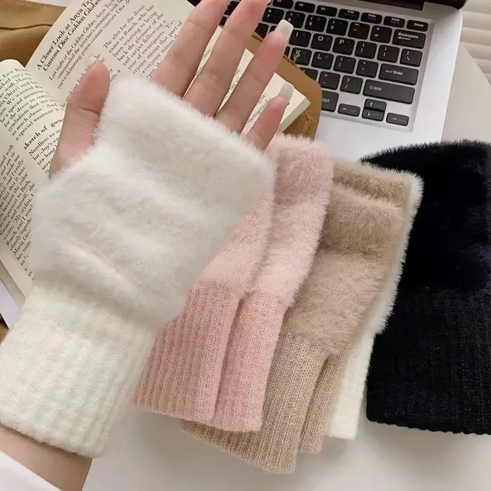 Women's Plush Half-Finger Gloves – Warm Cute Fingerless Winter Fingerless Winter Gloves Babs