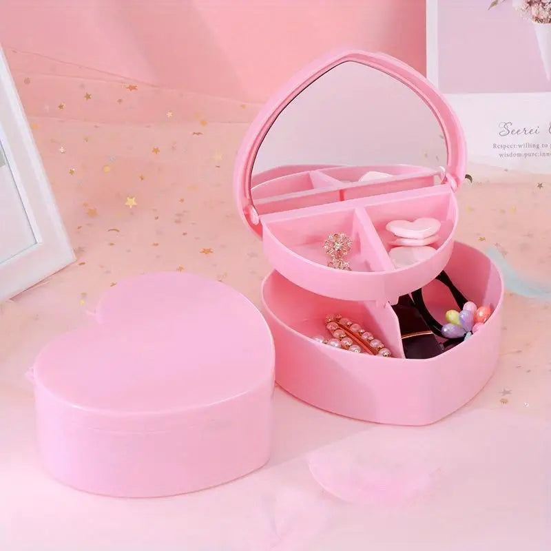 Pink Heart Jewelry & Makeup Storage Box – Double-Layer Mirror Jewelry Storage Box Babs