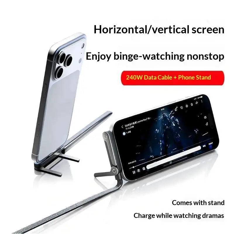 240W USB-C Fast Charging Cable with Foldable Phone Stand USB-C Charging Cable Babs
