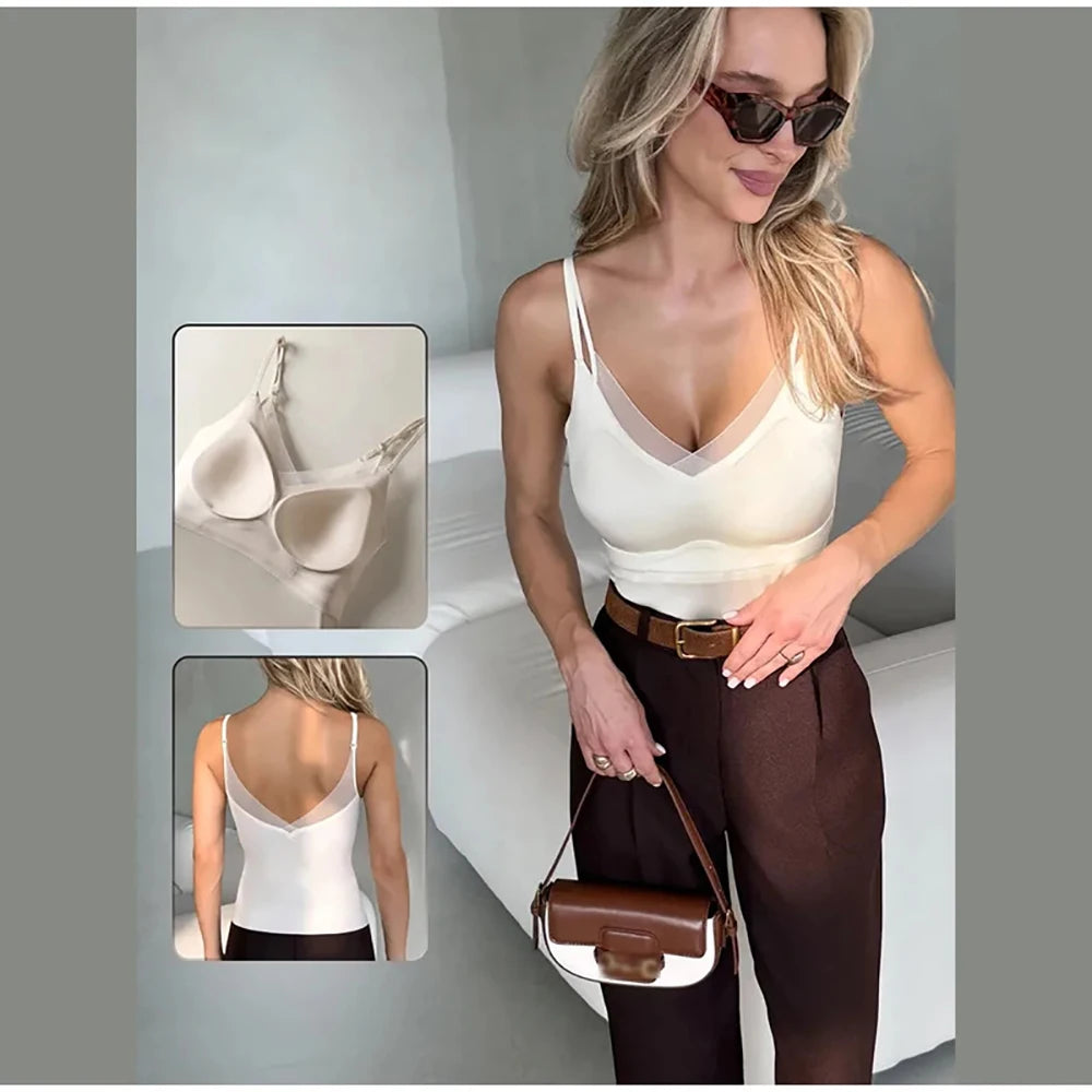 Women's Satin Crop Camisole with Built-In Bra – Backless V-Neck Satin Camisole Top Babs