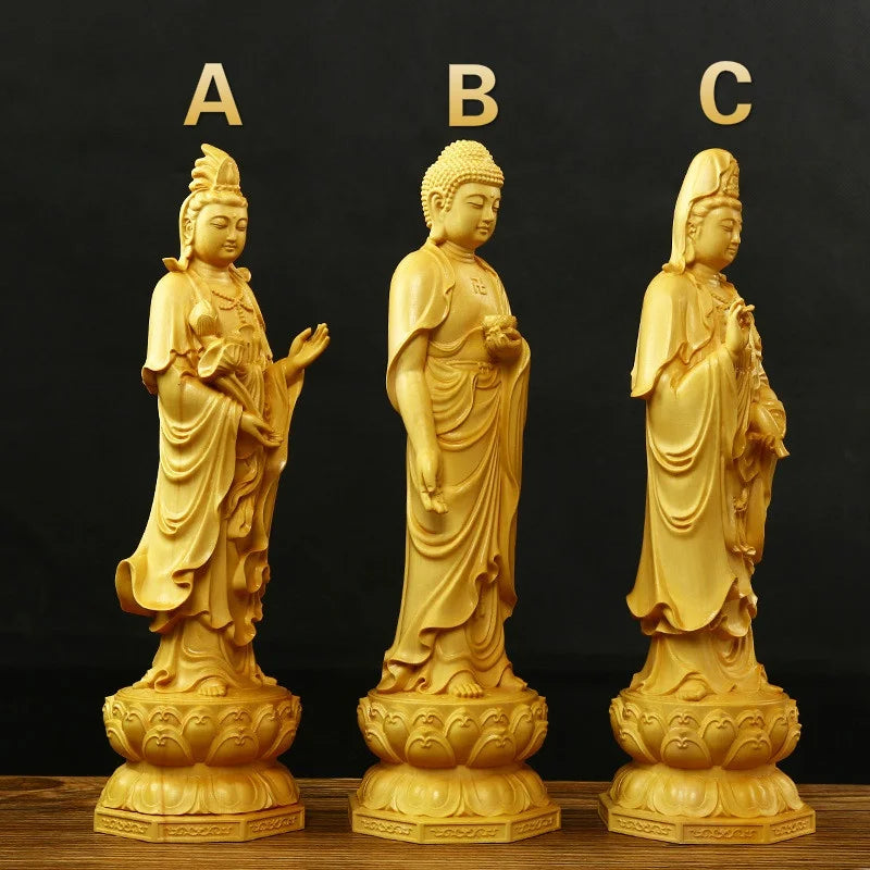 Hand-Carved Boxwood Guanyin Buddha Statue Set – 3 Holy Figures Wood Carved Statue Babs B