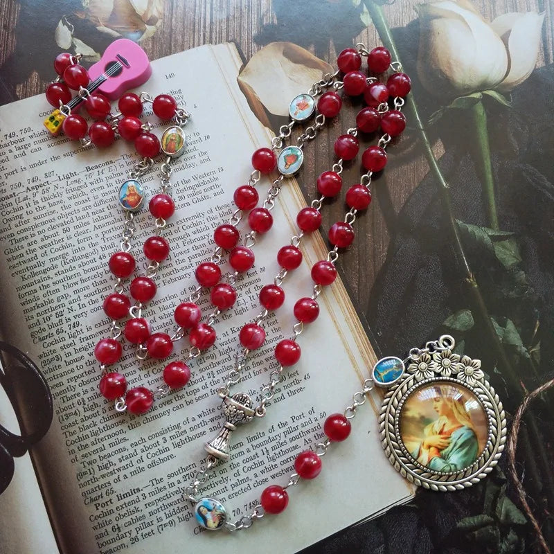 Catholic Virgin Mary Rosary Prayer Necklace with Cross Pendant Religious Pendant Necklace Babs