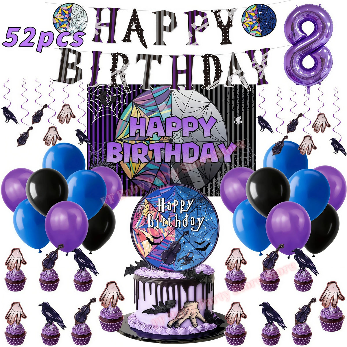 Addams Dark Academia Birthday Party Kit – Balloons, Plates & Backdrop