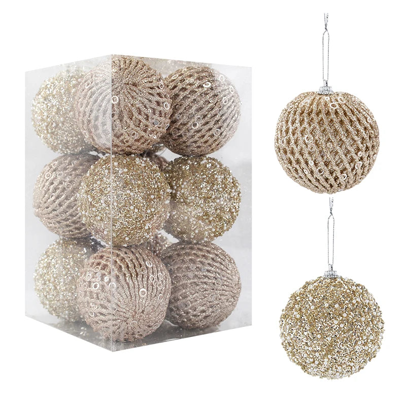 12Pcs 8cm Glitter Christmas Ball Ornaments White & Red Christmas Ball Ornaments Babs Champagne 8cm