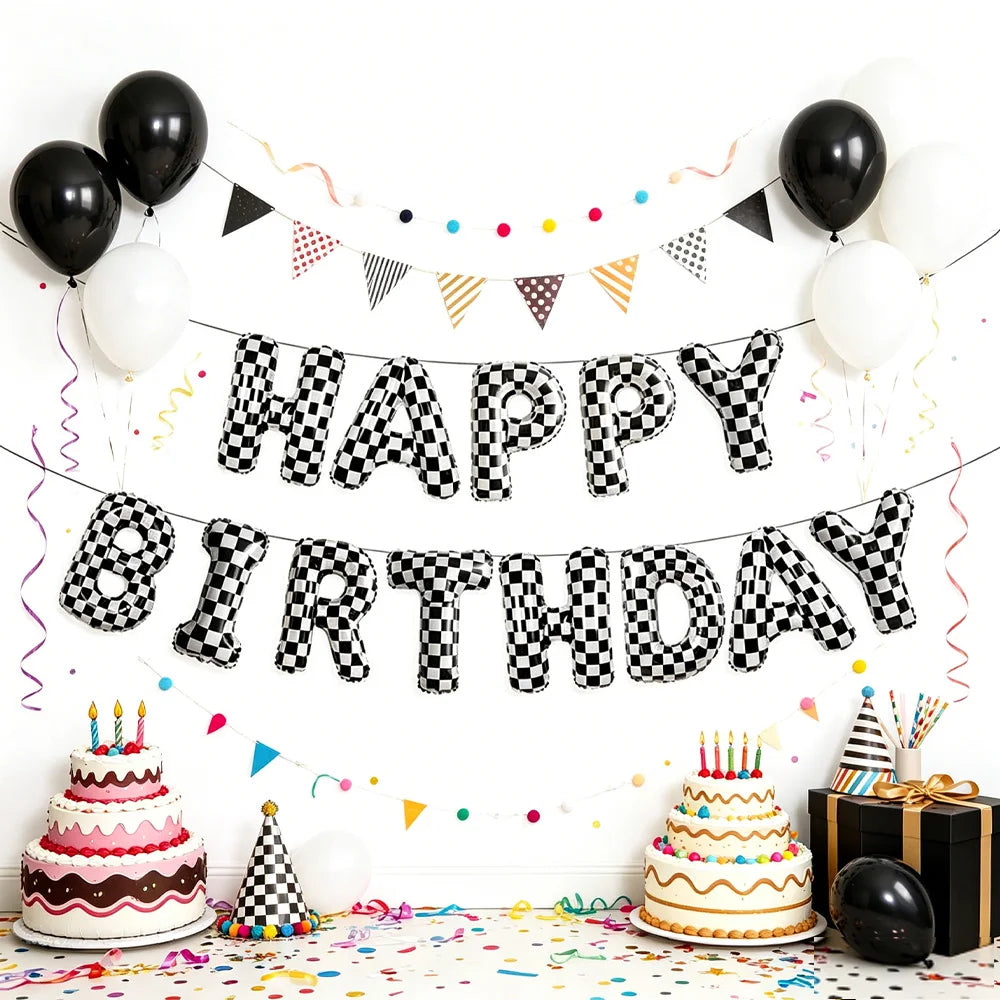 Racing Car Birthday Foil Balloon Banner – Black & White 16" Party Foil Balloons Babs