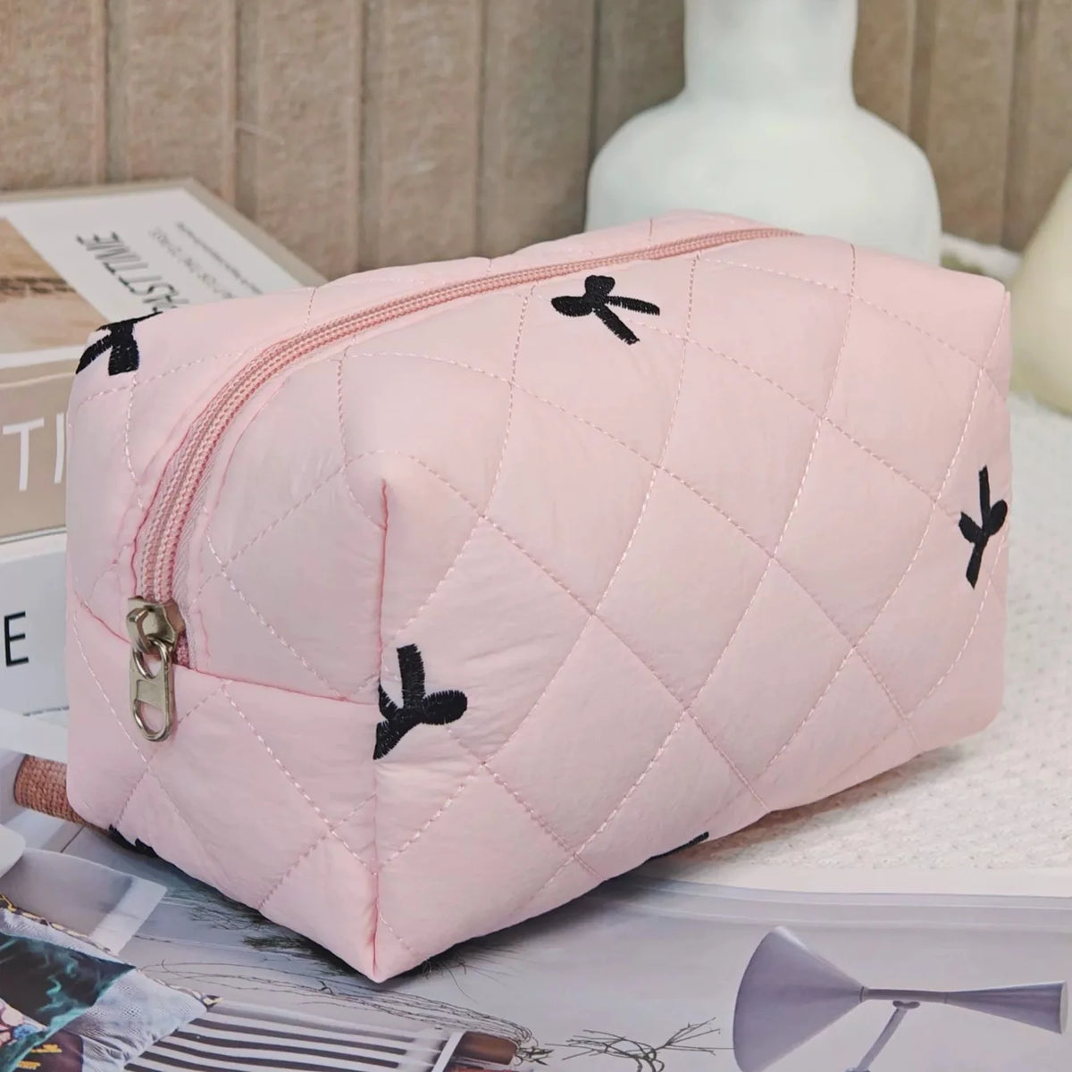 Quilted Floral Makeup Bag – Large Travel Cosmetic Bag Set Travel Cosmetic Bag Babs Pink