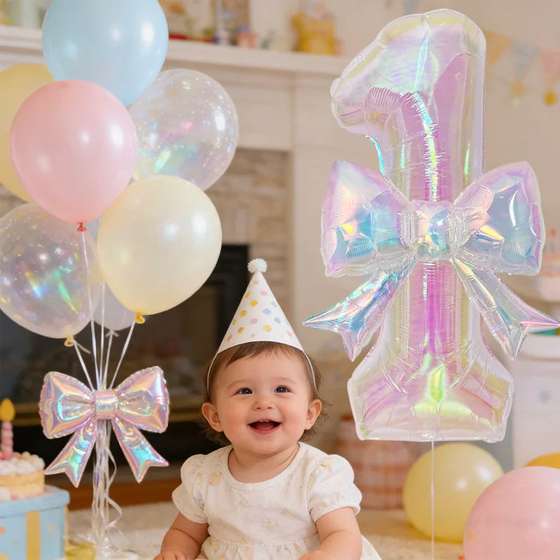 40" Colorful Number Foil Balloons with Bow | Birthday Party Decor Foil Number Balloon Babs