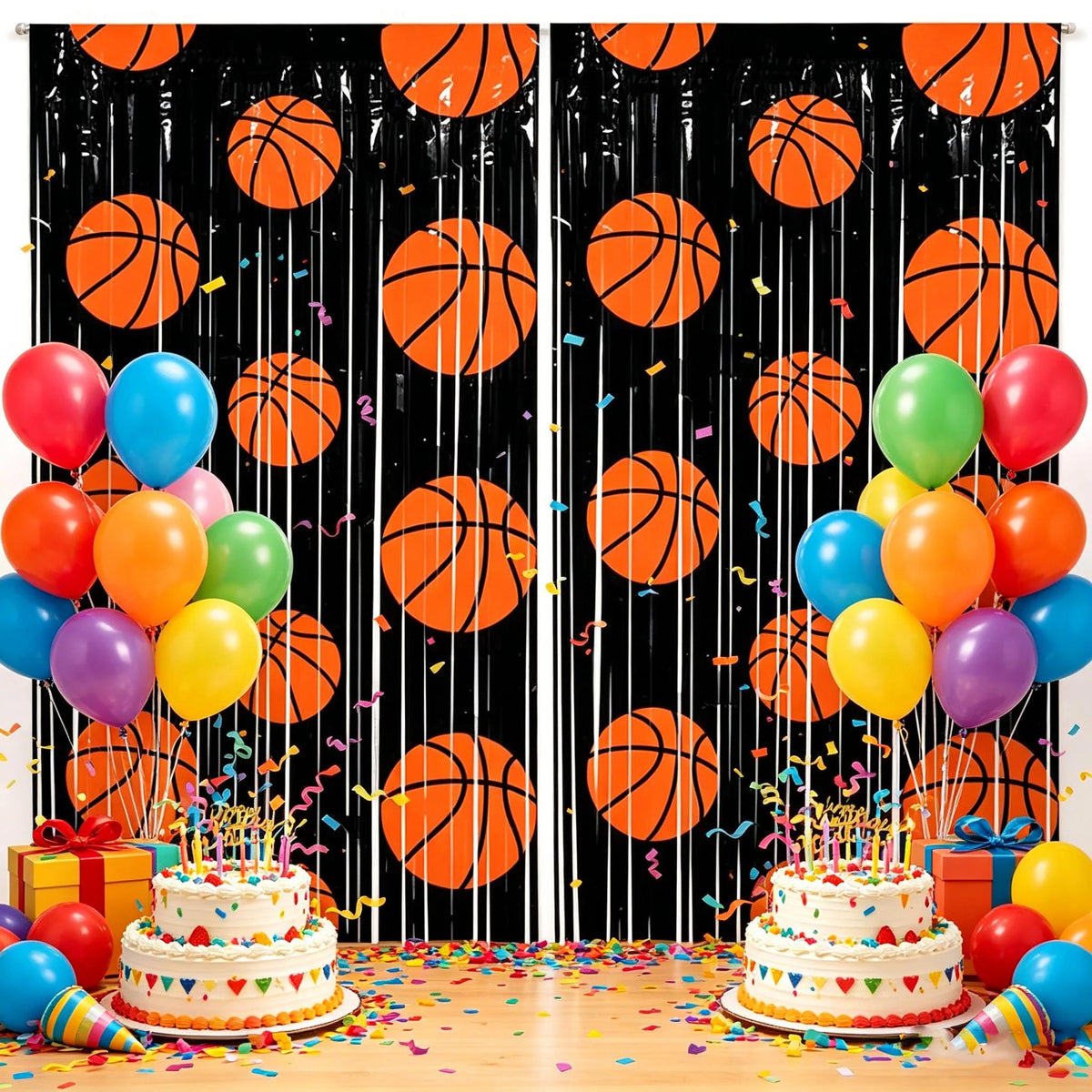 Basketball Party Supplies – Plates, Cups, Popcorn Boxes & Curtain Party Supply Set Babs