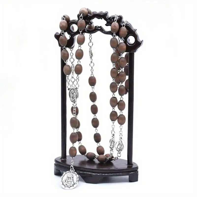 Brown Wooden Bead Rosary Necklace – Catholic Prayer Jewelry Rosary Necklace Babs