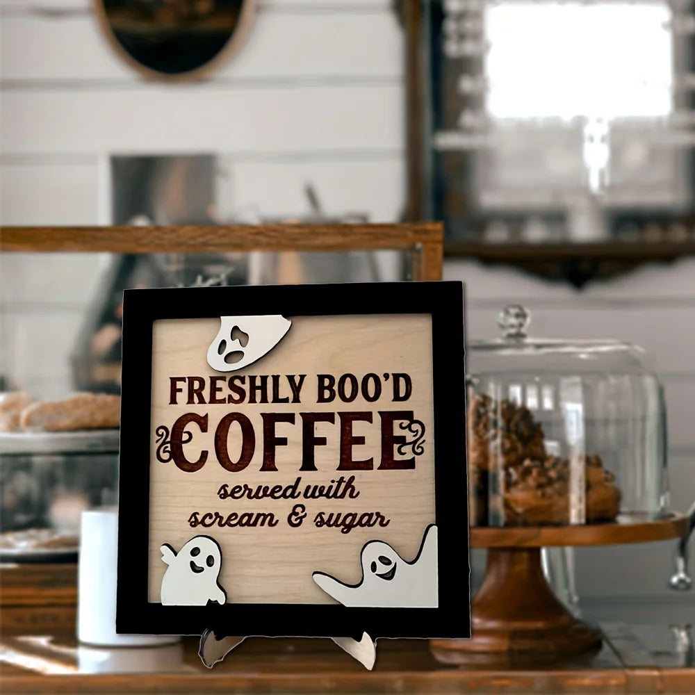 3D Wooden "Fresh Boo Coffee" Halloween Sign with Ghost Accent Wooden Décor Sign Babs Coffee ornaments