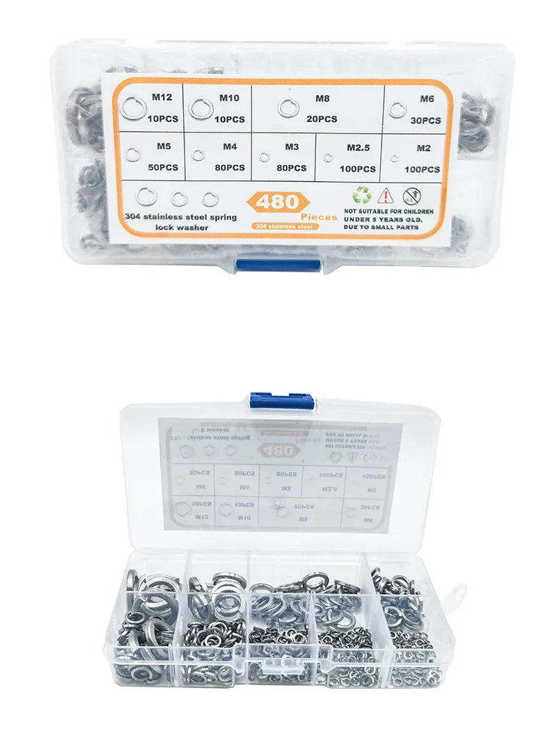 480Pcs 304 Stainless Steel Lock Washers M2–M12 Spring Washer Kit Lock Washer Set Babs