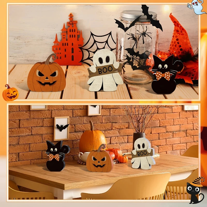 Halloween Wooden Table Decor Set – Black Cat, Pumpkin & Ghost Halloween Table Decor Babs